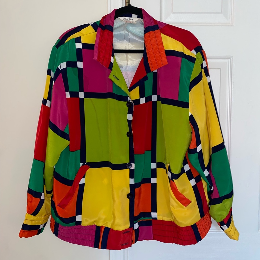 80’s/90’s Multi-Colored Geometric Shapes Bomber Jacket by Tan Jay
